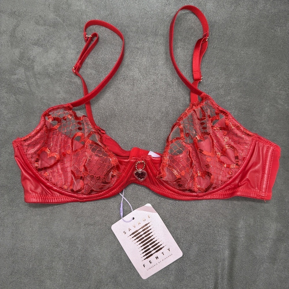 Savage X Fenty Red Heart Mesh Print Demi Cup Bra With Charm 34B